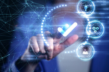 Standard quality control. Certification. Business, technology, internet and networking concept. Young businessman select the icon on the virtual display.