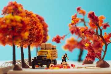 Side view miniature toy figurines of alone courier man holding delivery box  in autumn, fall season or during cherry blossom season concept -  warm tone filter applied.