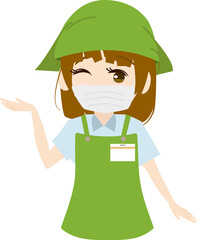 マスクをして案内する女性店員のイラスト