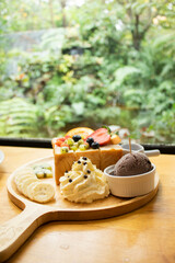 Honey Toast was placed on a wooden table in the cafe.