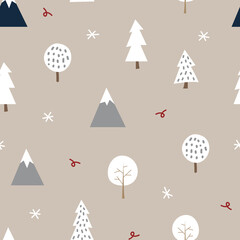 Winter Tree and Mountain Seamless Pattern