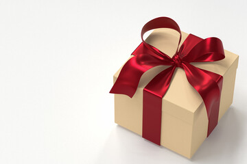 Cream gift box 3d with red ribbon and bow on white background