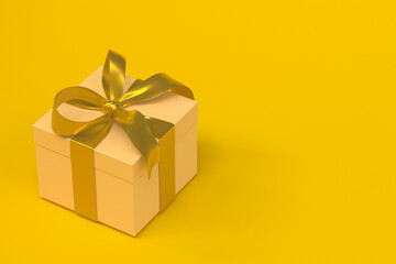 Brown gift box 3d with gold ribbon and bow on yellow background