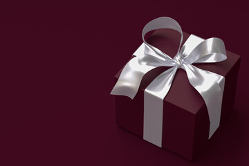 Crimson gift box 3d with silver ribbon and bow on Crimson background