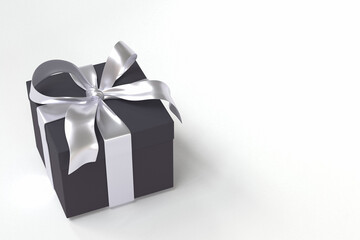 black gift box 3d with silver ribbon and bow on white background