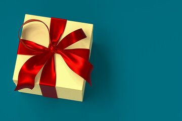 yellow gift box 3d with red ribbon and bow on green sea background
