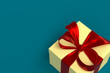 yellow gift box 3d with red ribbon and bow on green sea background