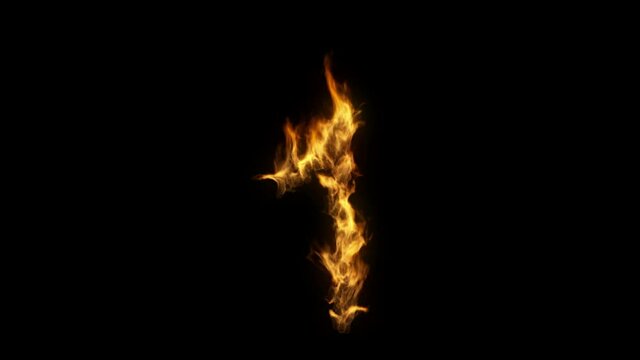 3D animation of the number one on fire with alpha layer