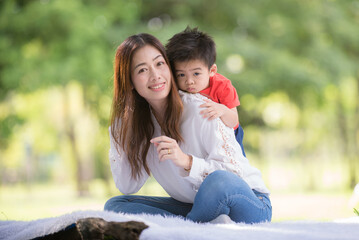 Portrait boy child and mother woman