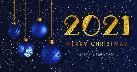 Merry christmas and happy new year, Elegant merry christmas and new year card with realistic blue decoration