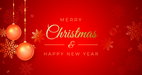 Merry Christmas and Happy New Year, Red Christmas banner with trinkets and snowflakes decoration