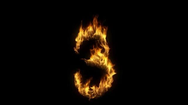 3D animation of the number three on fire with alpha layer