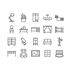 Simple furniture line icon set. Contains such Icons as  Chair, Children's Bed, Ceiling Lamp and more. Crafted at 64x64 2px stroke. Editable stroke.