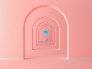 Coral pink pastel arch hallway simple geometric background, architectural corridor, portal, long tunnel inside empty wall. 3d rendering