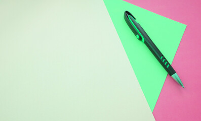 tricolor pastel background and pen,  blog banner, mock up,  minimalism, contemporary style, Education, planning concept.    