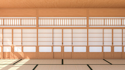 Empty Japanese traditional style room interior with Shoji sliding door and Tatami mat floor, 3d rendering - obrazy, fototapety, plakaty