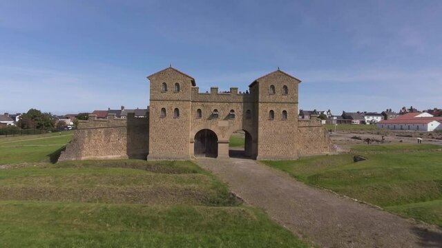 Drone Flying Away From Arbeia, South Shields Roman Fort At Daytime In South Shields, England, UK.- aerial