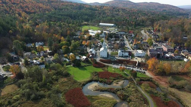 Aerial View of Stowe, Small Town in Countryside of Vermont, USA. Ski Capital of East on Sunny Autumn Day