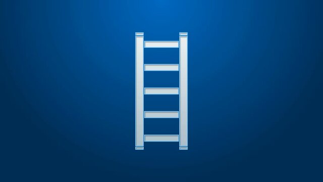 White line Fire escape icon isolated on blue background. Pompier ladder. Fireman scaling ladder with a pole. 4K Video motion graphic animation.