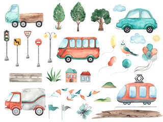 Watercolor children collection with urban and public land transport, truck, lorry, car, streetcar, van, bus, taxi, train, road, paths, trees, houses, bridge, street lamp, traffic light and road signs.