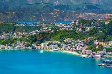 Wellington's inner city Oriental Bay beach and Mount Victoria viewed on a perfect summer's day from Tinakori Hill. 