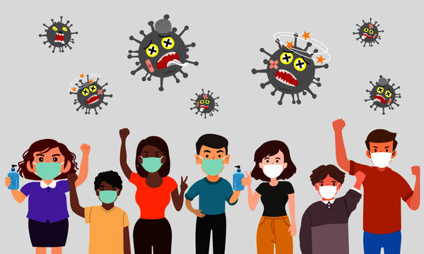 People wearing medical masks are holding alcohol gel. Let's fight coronavirus. Inhibit the COVID-19 virus from spreading. 