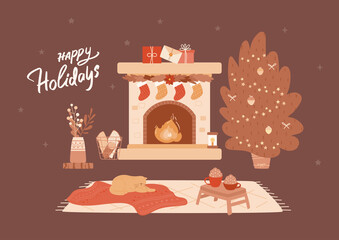 New Year cozy home interior with fireplace, socks, gifts, Christmas tree, cute cat lying on blanket and two cups of hot sweet drink standing on little table. Happy Holidays handwritten lettering.