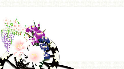 桜に藤の花や菖蒲の花と牡丹の花車の横スタイルイラストワイドバーチャル背景素材背景素材