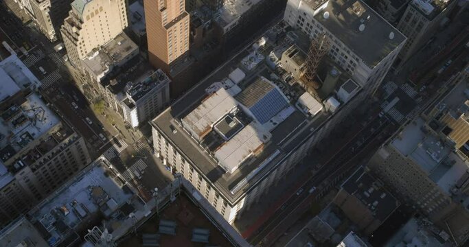 Shot in Midtown Manhattan, New York City, looking down on buildings and traffic.