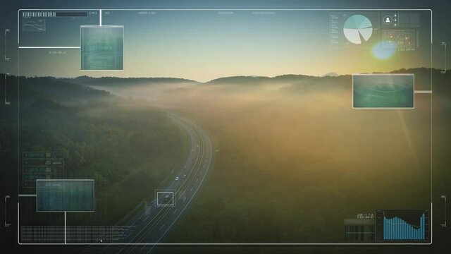 HUD Motion Graphics With Real Aerial Video, Finding and Tracking Cars on Highway on Golden Hous Sunlight, Static CCTV Shot