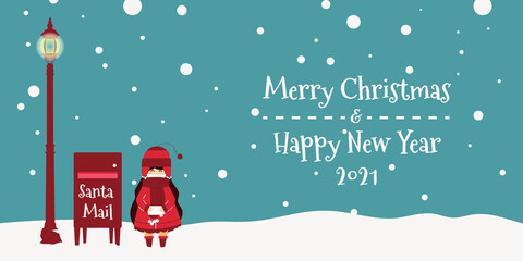Merry Chrismast and Happy New Year! Winter holiday vector illustration: cute little girl sending a letter to santa. Images for postcards, posters, cards and backgrounds.