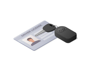 Driver license and car key. Isometric vector illustration. Isolated on white background.