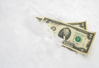 US dollar in the snow. Two dollar bills. Financial concept.