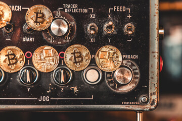 Virtual cryptocurrency money Bitcoin golden coin on Machine controller plates of car part. The future of money. Computational equipment. Blue mother board. Shot directly from above.