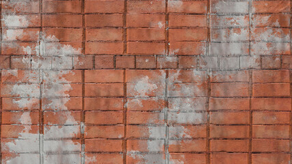 A white-painted wall of red brick, through which the cement masonry could be seen. Orange-red brick background. 3D-rendering