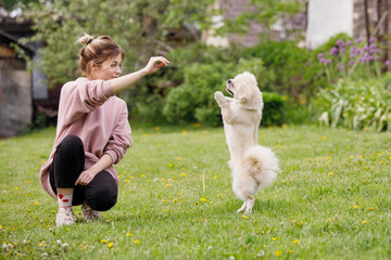 Girl with Tibetan Spaniel dog on green lawn