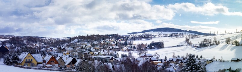 Panorama view Seiffen in Winter Saxony Germany ore mountains.