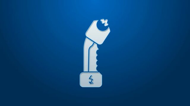 White line Police electric shocker icon isolated on blue background. Shocker for protection. Taser is an electric weapon. 4K Video motion graphic animation.