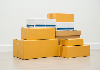 Stacking of box parcel cardboard mock up on blank space white background.