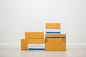 Stacking of box parcel cardboard mock up on blank space white background.