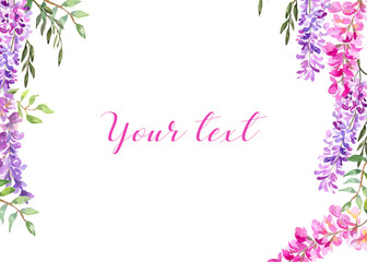 Watercolor illustration. Floral horizontal frame. Template for text with wisteria colors