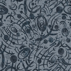 Abstract seamless pattern. Dark blue on dusty light blue. Watercolor splashes on pattern. Fabric texture with silvery glitter splatter and threads on the background.  (pattern: sp04a)