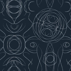 Naklejka premium Abstract seamless pattern. Dusty light blue on dark blue. Watercolor splashes, silvery glitter splatter and threads on pattern. Fabric texture on the background. (pattern: sp05a)
