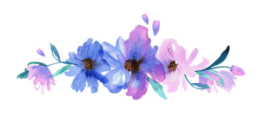 Fototapeta na wymiar Cute watercolor hand painted floral border. Purple flowers. Invitation. Wedding card. Birthday card