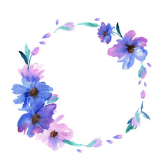 Fototapeta na wymiar Circle frame with purple watercolor flowers. For design of invitations, greeting cards