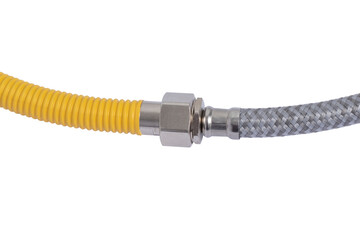 Yellow gas hose connected to flexible water hose. Example of incorrect connection. Isolated on a white background.