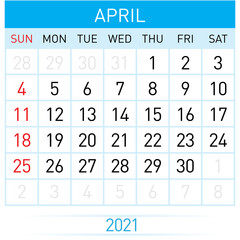 April Planner Calendar 2021. Illustration of Calendar in Simple and Clean Table Style for Template Design on White Background. Week Starts on Sunday