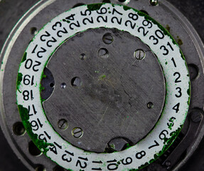 Vintage watch movement close - up. Selective focus on elements, macro photography. Background in steampunk style. Metallic grunge texture. Easy image tinting