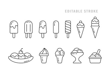 Ice cream set. Linear icon of different types. Eskimo pie, popsicle, waffle cone, ice lolly, banana split, twister, bowl. Black simple illustration. Contour isolated vector pictogram, editable stroke - 396244174