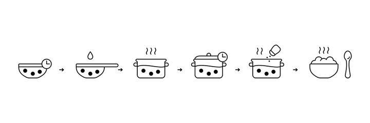 Bean cooking instruction. Preparation of chickpeas. Black linear icon for packaging design. Soak, boil, salt peas in saucepan. Contour isolated vector pictogram, white background